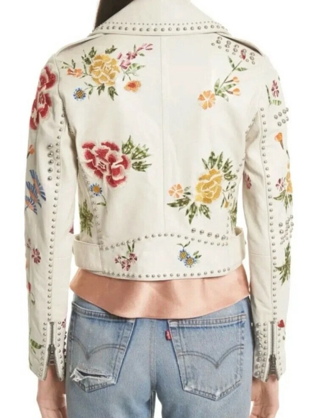 NWT Alice + Olivia White Embroidered Floral Leather Moto Jacket - Picture 2 of 5